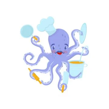 Flat vector icon of purple octopus with mustache and chef s hat on head. Sea Stockillustratie