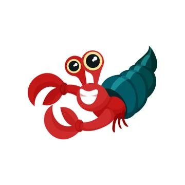 Flat vector icon of red hermit crab with shell. Smiling marine animal with big Stock Illustration