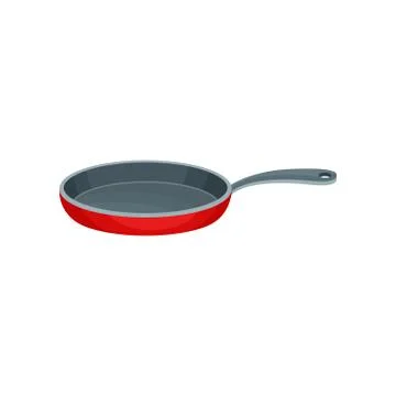Flat vector icon of red metal frying pan with gray handle. Stainless container Illustration