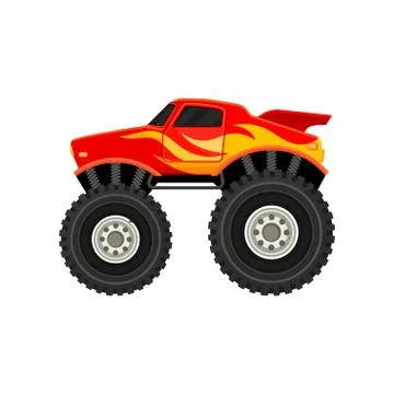 Flat vector icon of red monster truck with yellow-orange flame decal. Car with Stock Illustration