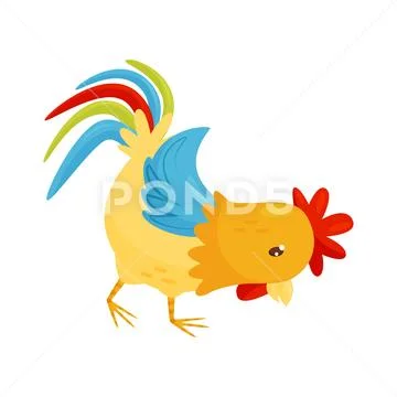 Flat vector icon of rooster. Farm bird with yellow-orange feathers, lush tail Stock Illustration