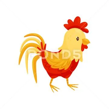 Flat vector icon of rooster with red-orange feathers, big scallop and lush tail Stock Illustration