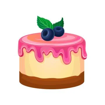 Flat vector icon of round cake with pink icing decorated with mint leaves and Stock Illustration
