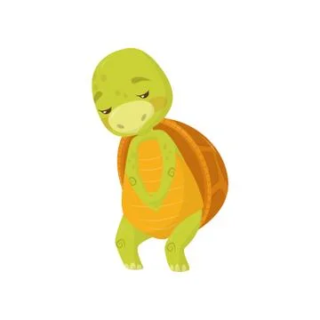 Flat vector icon of sad turtle. Green marine animal with brown shell. Cartoon Stock Illustration
