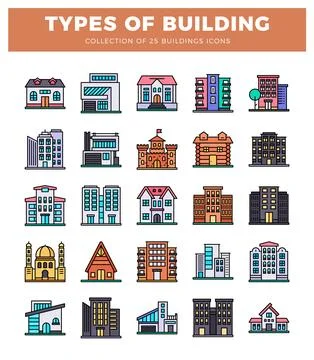 Flat vector icon set of 25 different building types. Stock Illustration