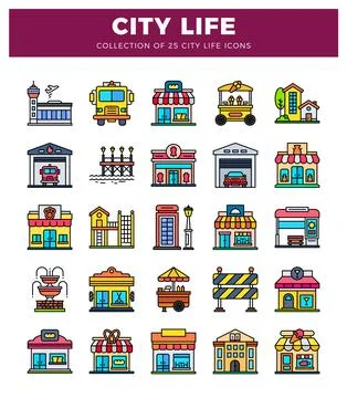 Flat vector icon set of city life elements. showing buildings and transport.. イラスト素材