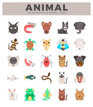 Flat vector icon set of diverse animals on white background Stock Illustration