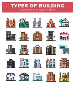 Flat vector icon set of diverse building types with colorful outlines on whit Illustrazione stock