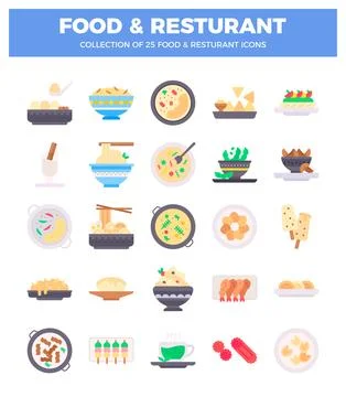 Flat vector icon set of diverse restaurant dishes and food items presented .. Illustrazione stock