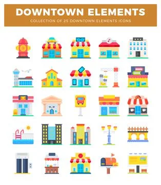 Flat vector icon set of downtown city elements including buildings. a fire .. イラスト素材