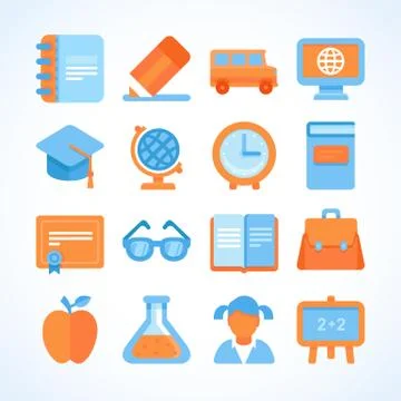 Flat vector icon set of education symbols Stock Illustration
