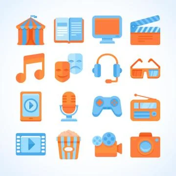 Flat vector icon set of entertainment symbols Stock Illustration