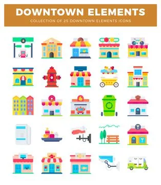 Flat vector icon set showcasing diverse downtown elements for urban design .. Stock Illustration