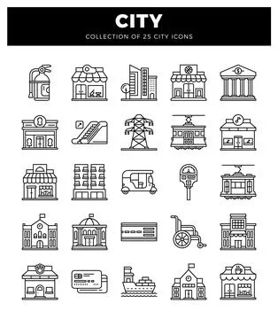 Flat vector icon set showing city elements. graphic design for web and app... Stock Illustration