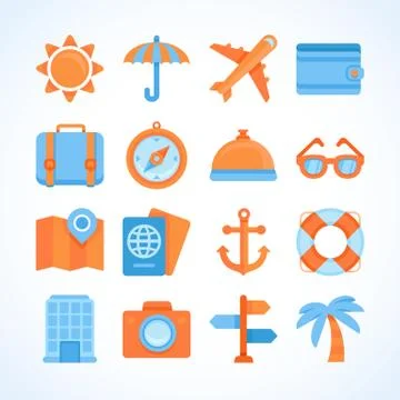 Flat vector icon set of travel symbols Stock Illustration