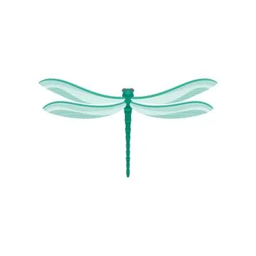 Flat vector icon of small dragonfly with long turquoise body two pairs of large Illustrazione stock