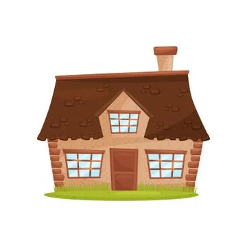 Flat vector icon of small farm house. Cute countryside architecture. Green lawn Ilustración de archivo