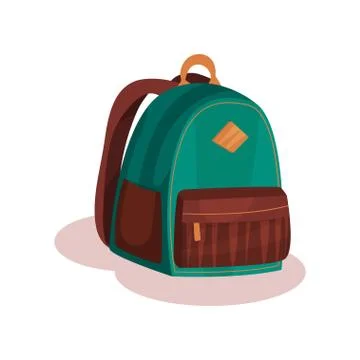 Flat vector icon of small green school bag. Urban backpack with brown pockets 스톡 일러스트