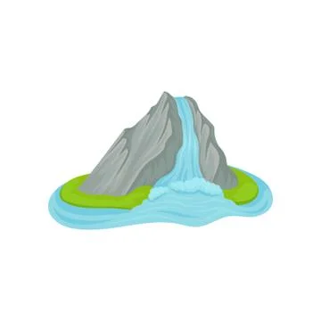 Flat vector icon of small island with waterfall. Water pouring down from high Stock Illustration