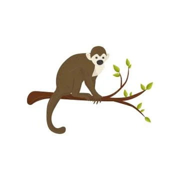Flat vector icon of small monkey sitting on tree branch with green leaves. Wild Stock Illustration