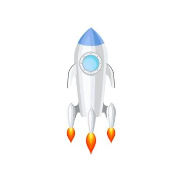 Flat vector icon of space rocket with engine fire. Large spacecraft with blue Stock Illustration