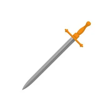 Flat vector icon of sword with long sharp blade and golden grip. Fighting weapon Stock Illustration