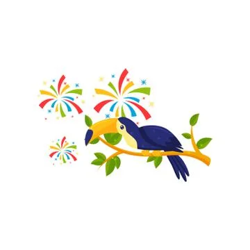 Flat vector icon of toucan sitting on tree branch and festive salutes. Tropical イラスト素材