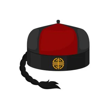 Flat vector icon of traditional red-black mandarin or landlord hat with pigtail Stock Illustration