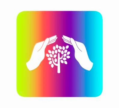 Flat vector icon tree and hands on neon background - environment Stock Illustration