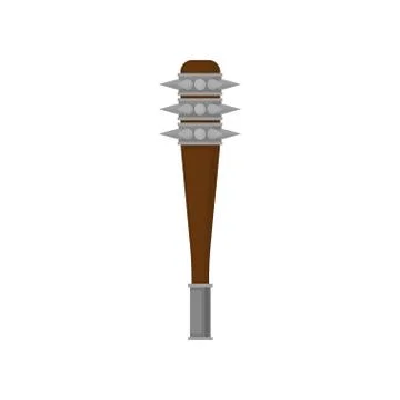 Flat vector icon of war mace. Brown wooden bat with sharp metal spikes and grip Stock Illustration
