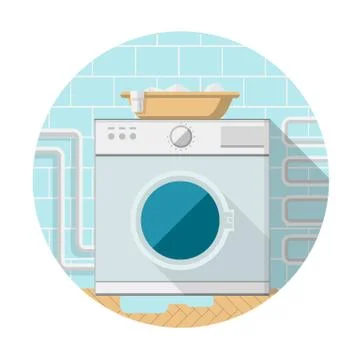 Flat vector icon of washing machine in bathroom Stock Illustration