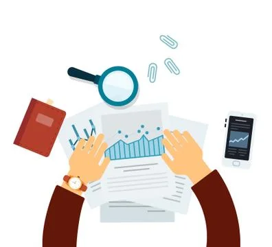 Flat vector icon workplace documents, papers, office stuff top view. Stock-Illustration