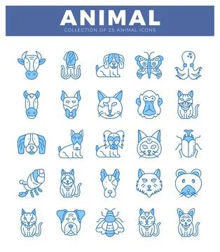 Flat vector icons of 25 animals on a white background with blue outlines. C.. イラスト素材