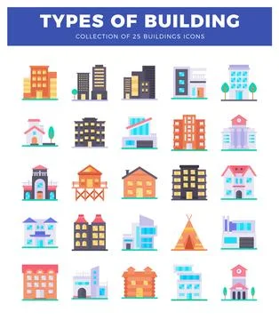 Flat vector icons of 25 building types. presented in a grid on a white back.. Illustrazione stock