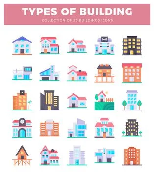 Flat vector icons of 25 building types displayed on a white background Ilustración de archivo