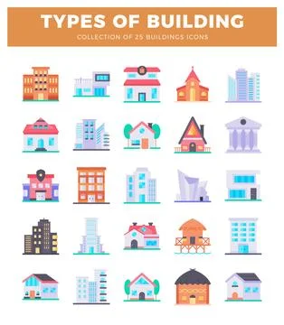 Flat vector icons of 25 different building types. urban and rural architect.. Stock Illustration