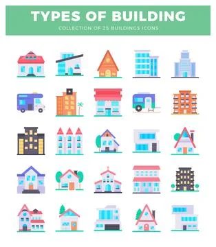 Flat vector icons of 25 different building types in colorful illustrations .. Illustrazione stock