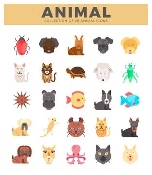 Flat vector icons of 25 diverse animals in a clean grid layout.  Colorful i.. Stock Illustration