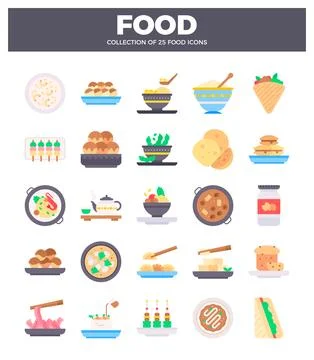 Flat vector icons of 25 diverse food items. presented in a grid layout agai.. Illustrazione stock