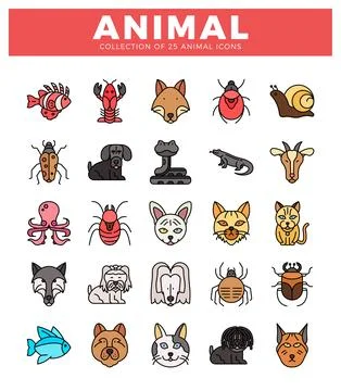 Flat vector icons of 25 diverse animals in a grid layout on a white backgroun Stock Illustration