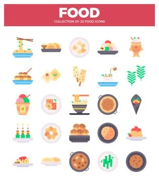 Flat vector icons of 25 diverse international food dishes and desserts agai.. 스톡 일러스트