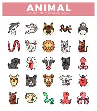 Flat vector icons of 25 diverse animals presented in a clean grid layout. Illustrazione stock