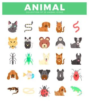 Flat vector icons of animals. A cartoon animal graphics in a white grid layou Stock Illustration