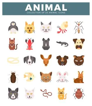 Flat vector icons of animals in a collection Stock Illustration