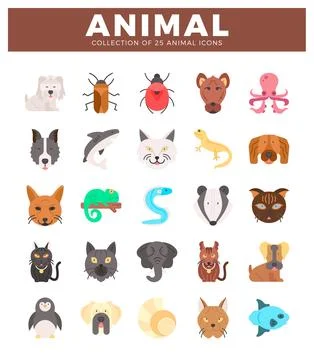 Flat vector icons of animals displayed in a grid with white background. Var.. Stock Illustration