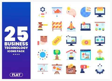 Flat vector icons for business technology. including graphs. computers. and.. Stock Illustration