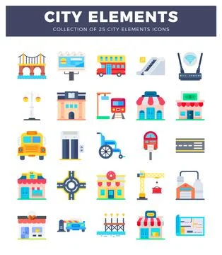 Flat vector icons of city elements on white background. Stock Illustration