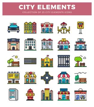 Flat vector icons of city elements with colorful illustrations Illustrazione stock
