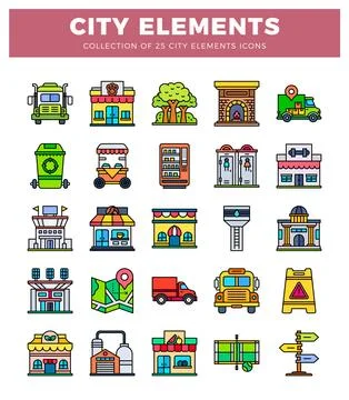 Flat vector icons of city elements in colorful style. arranged in a grid. Stock Illustration