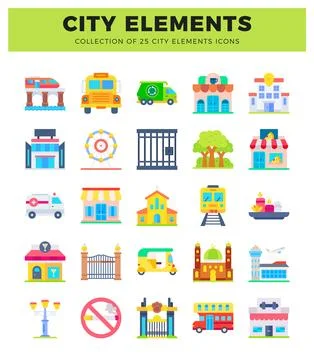 Flat vector icons of city elements and transportation on a white background Stockillustratie
